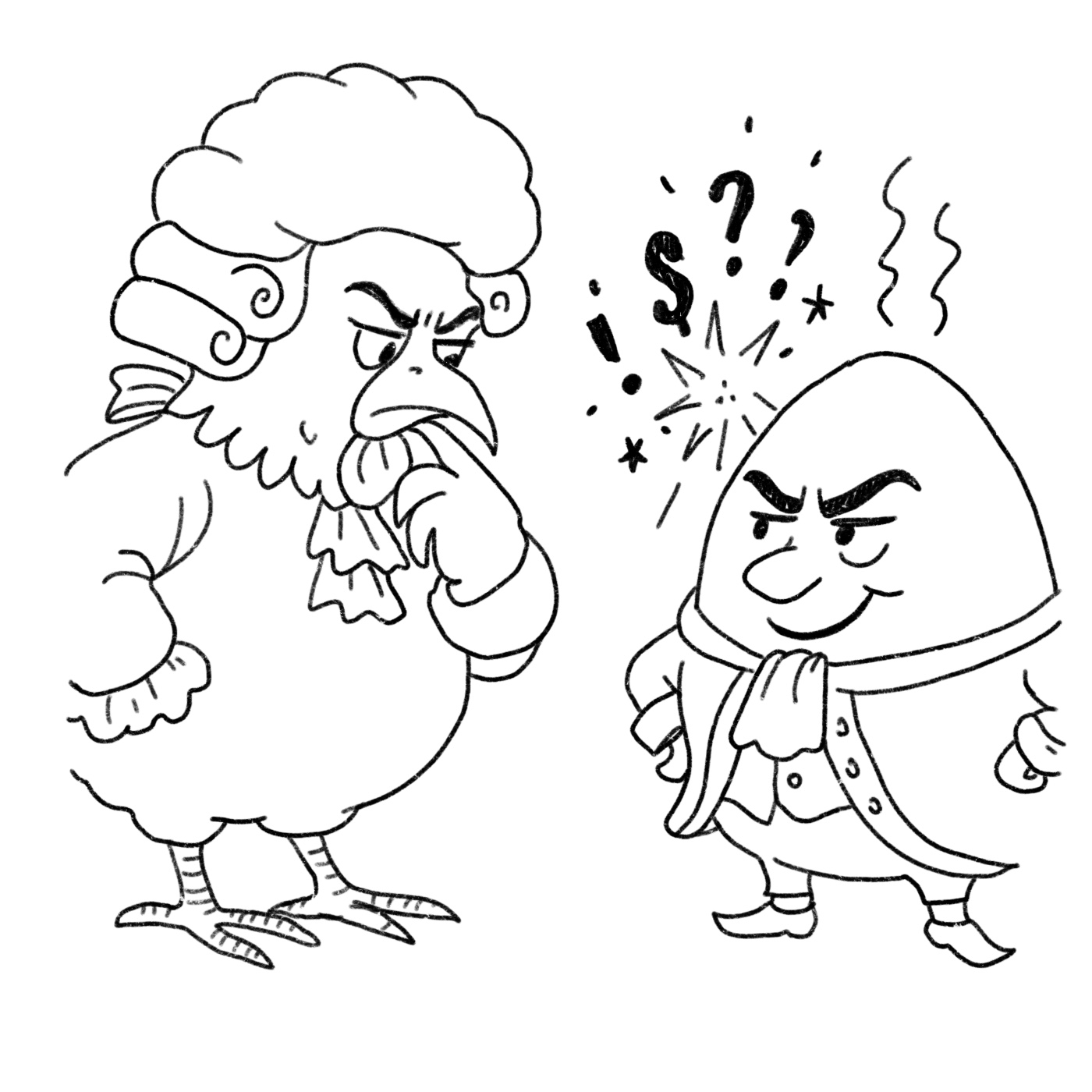 Eine Henne und ein Ei, beide vermenschlicht