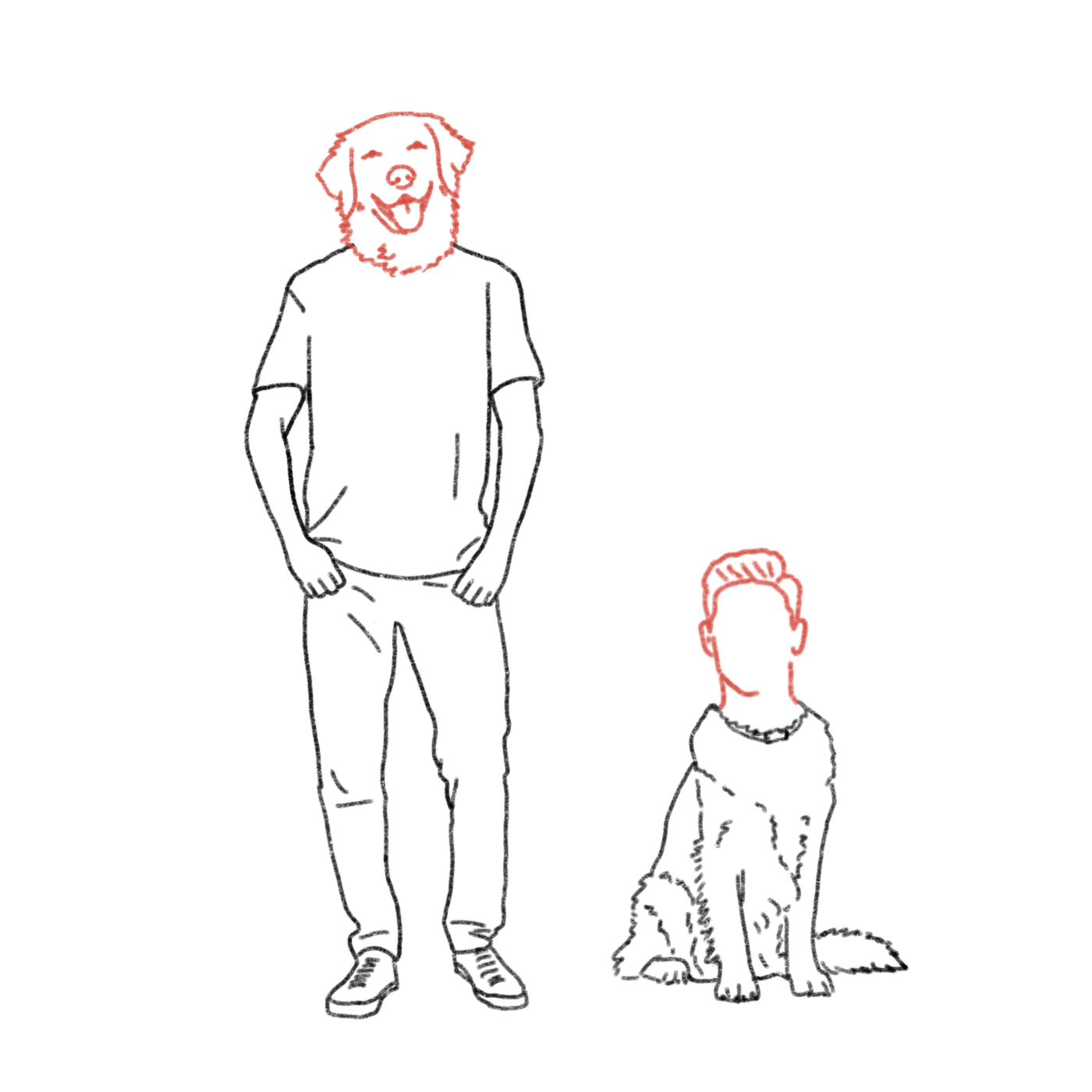 Mensch mit Hundekopf und Hund mit Menschenkopf