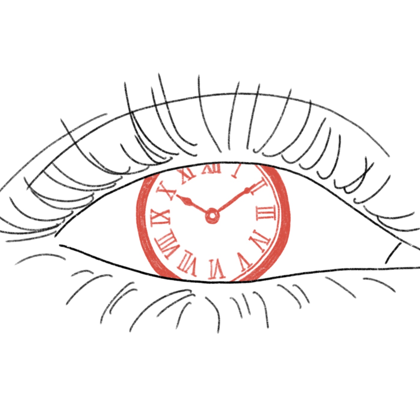 Auge mit Wimpern mit Uhr statt Pupille; Henne-Ei-Problem