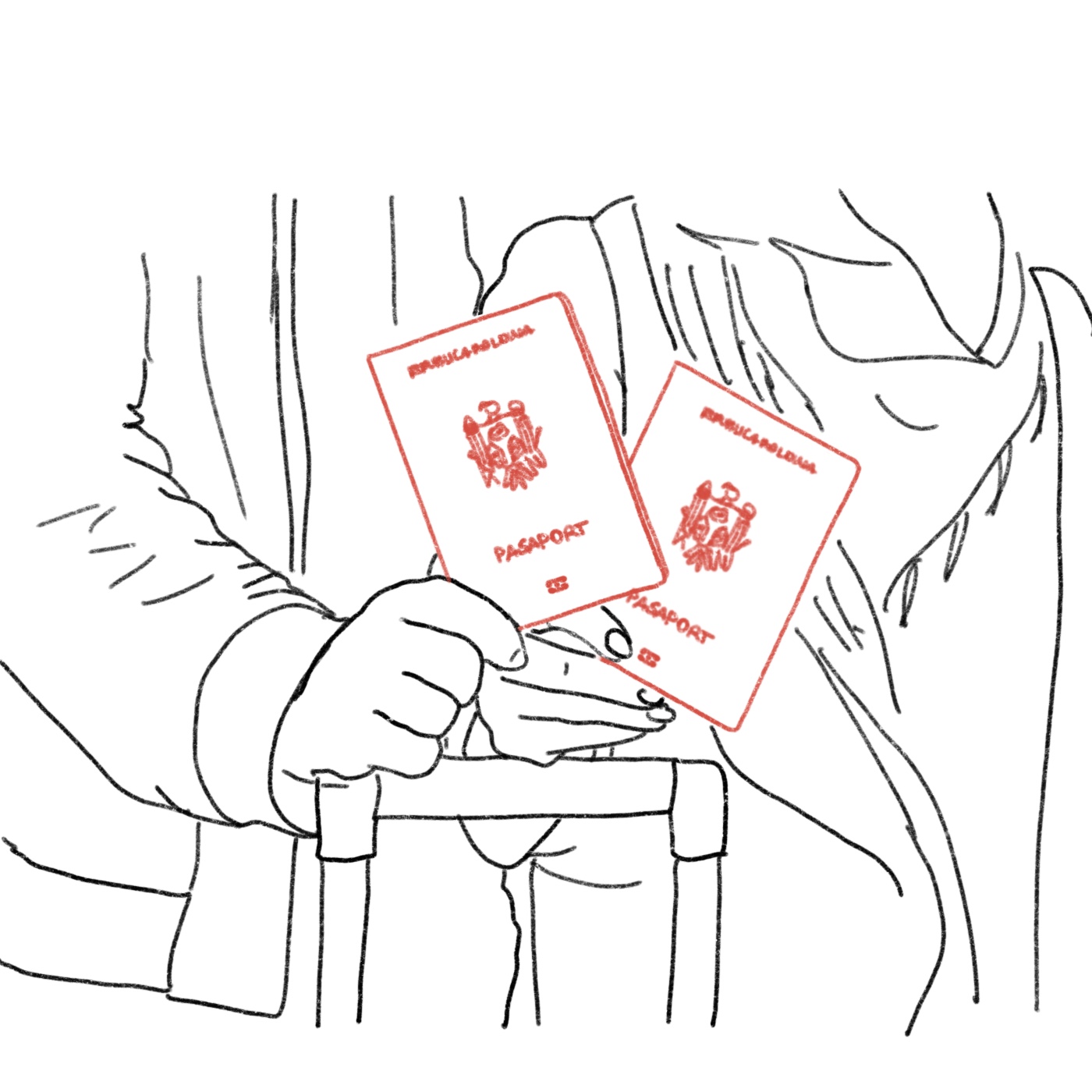 Zwei Reisepässe in den Händen von zwei Personen, Frontalansicht