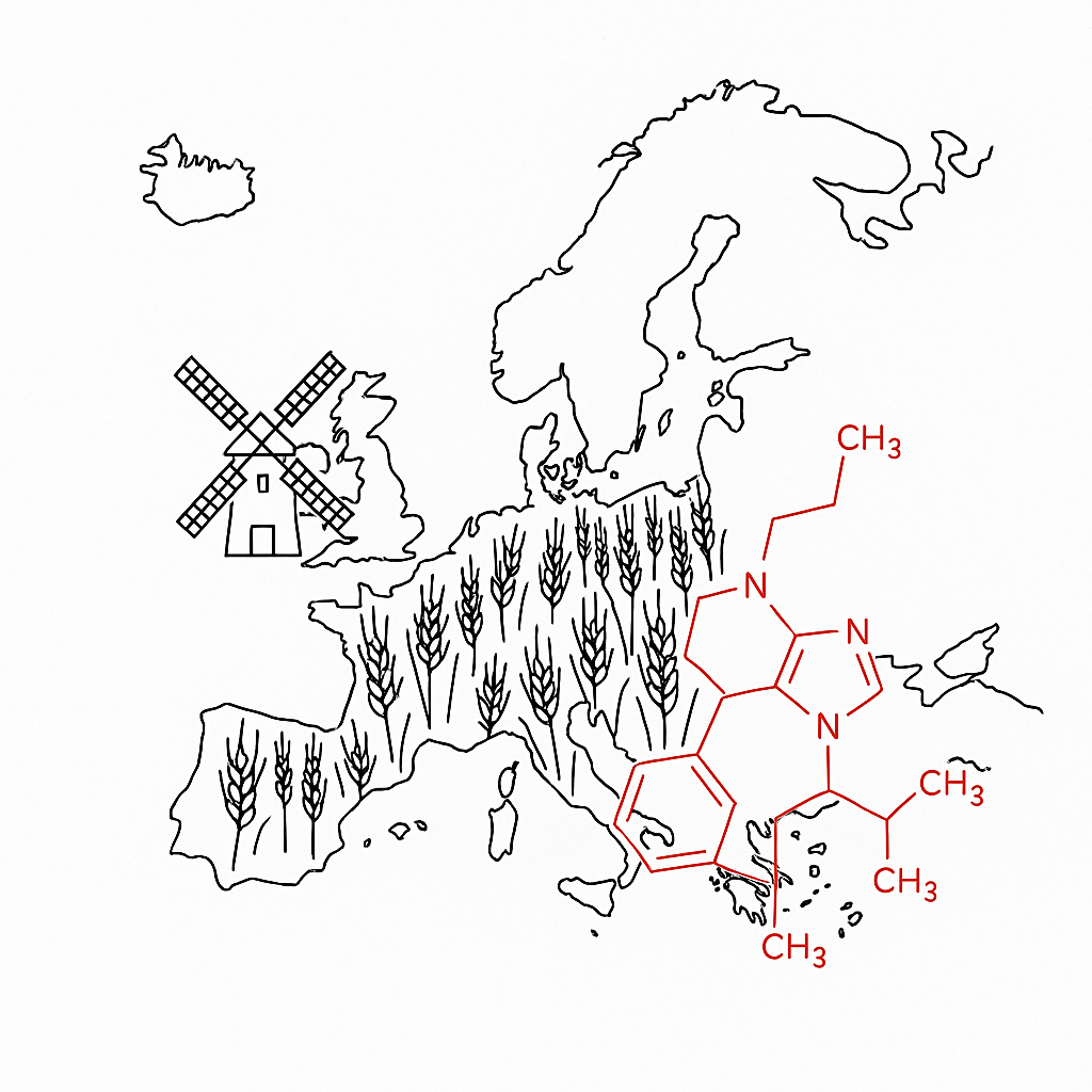 Landkarte Europas mit Roggenfeldern, Mühlen, und einer chemischen Formel