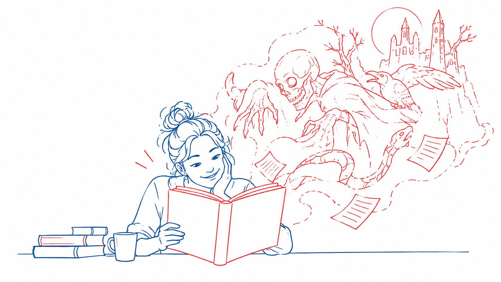 frau liest, hinter ihr schwebt tod