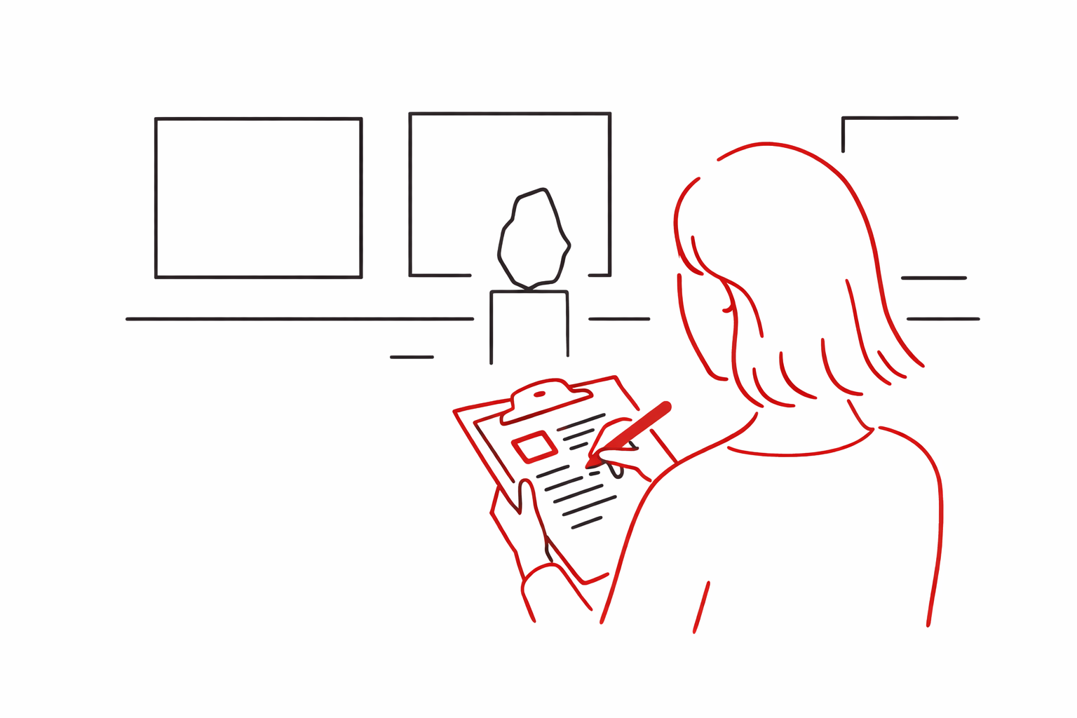 Eine Kuratorin macht auf einem Klemmbrett Notizen. SIe befindet sich in einer Ausstellung