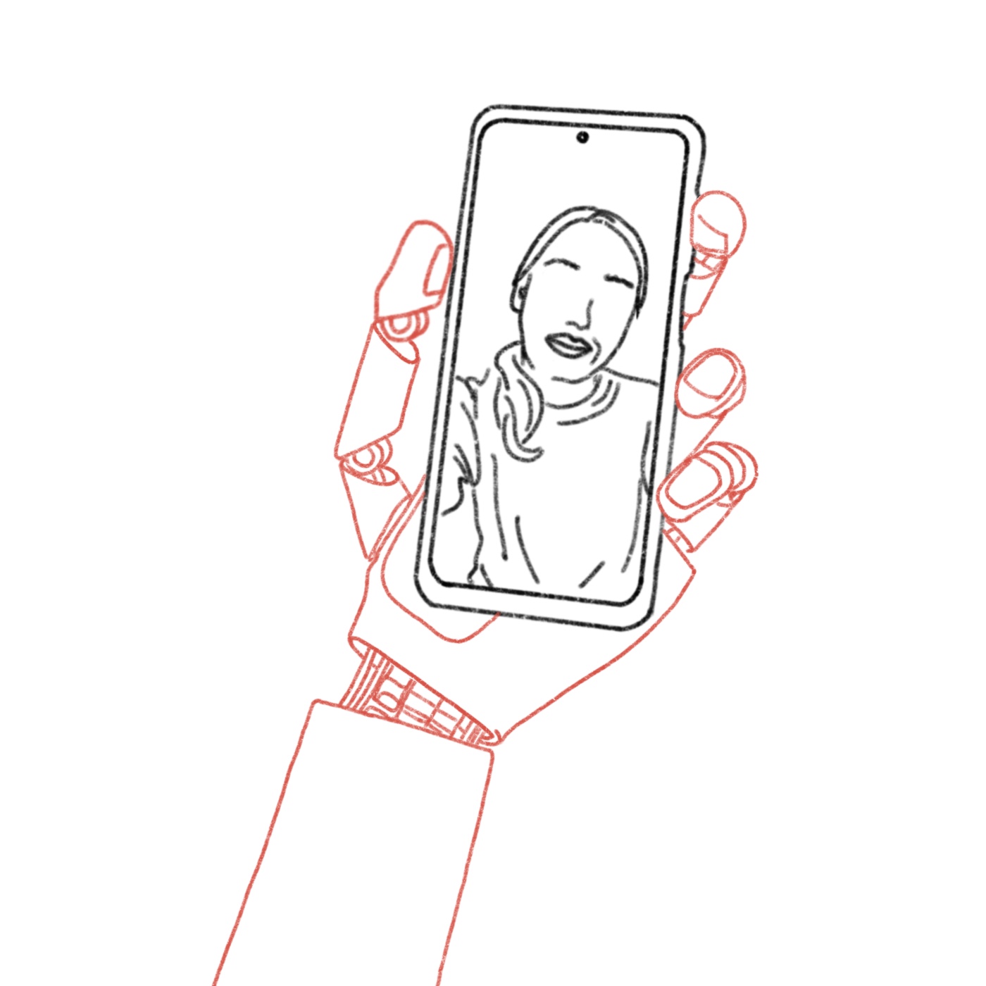 Bild eines Handys mit Selfie-Kamera an. Kamerabildschirm zeigt eine schöne junge Frau. Das Handy wird von einem Roboterarm gehalten.